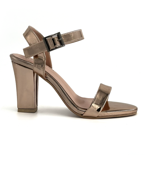 Metallic Block Heel Buckle Sandals - Platinum 118